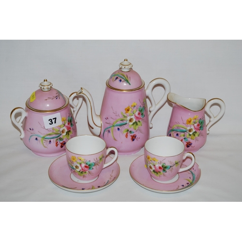 37 - 19TH CENTURY PINK GROUND & FLOWERED PORCELAIN DUET TEA SERVICE (9 PIECES)