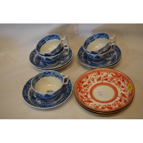 43 - 5 BLUE & WHITE TEACUPS, DISHES & 3 ROYAL CROWN DERBY SAUCERS