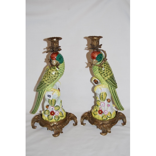 49 - PAIR OF CERAMIC PARAKEET CANDLESTICKS WITH ORMOLU SCONES & BASES