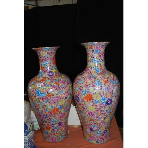 50 - PAIR OF LARGE CHINESE OVIFORM VASES WITH ALL OVER FLORAL DECORATION (46cm)