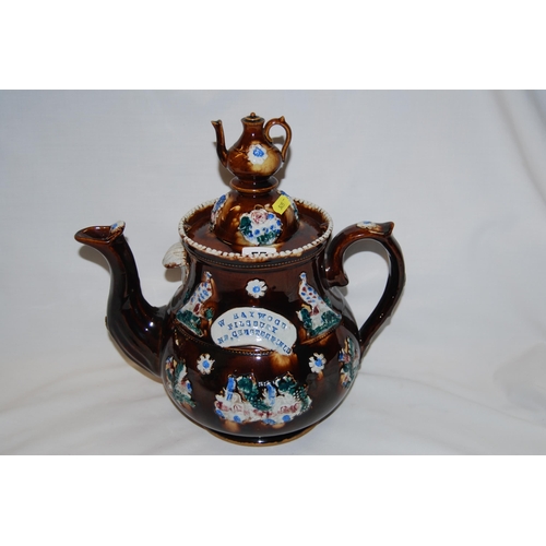 55 - MEASHAM STONEWARE BARGEWARE TEAPOT, TREACLE GLAZED, DECORATED BIRDS & FLOWERS, WITH LID SURMOUNTED T... 