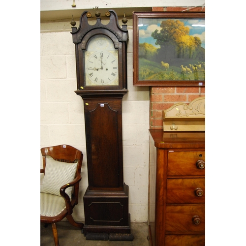 558 - EARLY 19TH CENTURY GRANDFATHER CLOCK WITH PAINTED ARCH DIAL, OAK CASE, BROKEN NECK SWAN PEDIMENT, BA... 