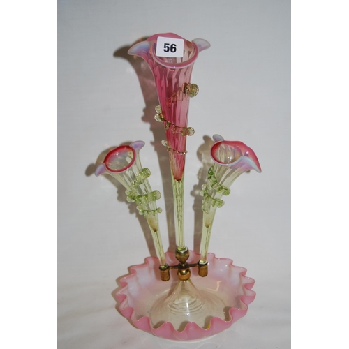 56 - 19TH CENTURY CRANBERRY & OPALINE GLASS EPERGNE FITTED 3 SHAPED FLUTES ON CIRCULAR 