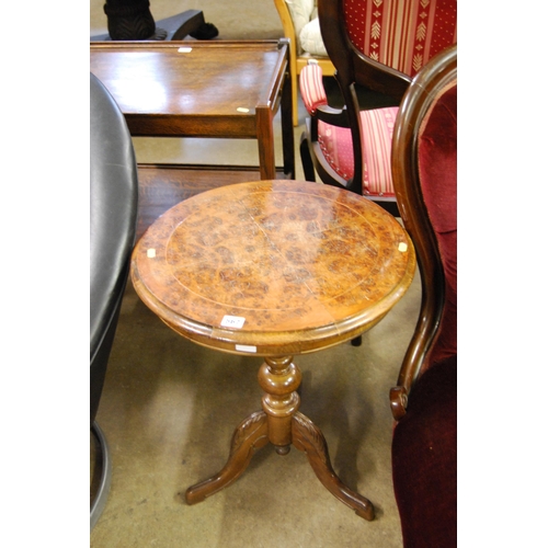 567 - CIRCULAR BURR WALNUT WINE TABLE ON TRIPOD BASE