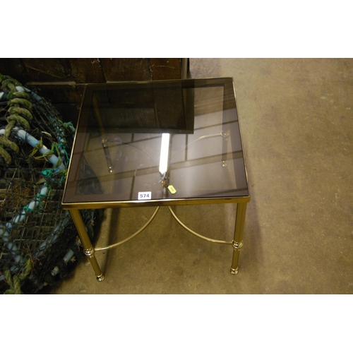 574 - RETRO SQUARE BRASS COFFEE TABLE WITH PLATE GLASS TOP