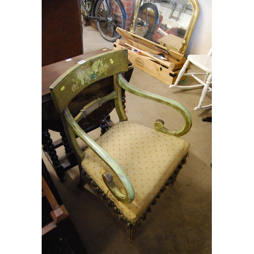 642 - 19TH CENTURY PAINTED SCROLL ARMCHAIR WITH BAR BACK, ON REEDED TAPER LEGS, WITH LAVANCHY TICKET ON FR... 