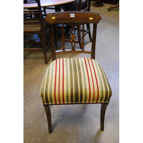 643 - REGENCY MAHOGANY SPINDLE BACK DINING CHAIR WITH BRASS INLAY, ON SABRE LEGS