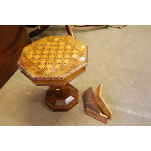 644 - VICTORIAN BURR WALNUT OCTAGONAL GAMES/SEWING TABLE (A/F)