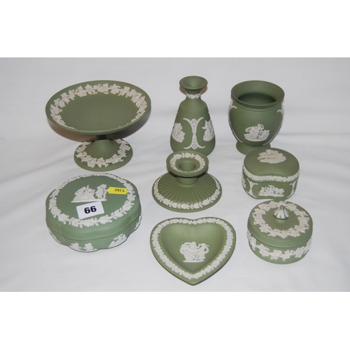 66 - WEDGWOOD GREEN & WHITE JASPERWARE TAZZAS, 3 BOXES, 2 VASES, HEART TRINKET DISH