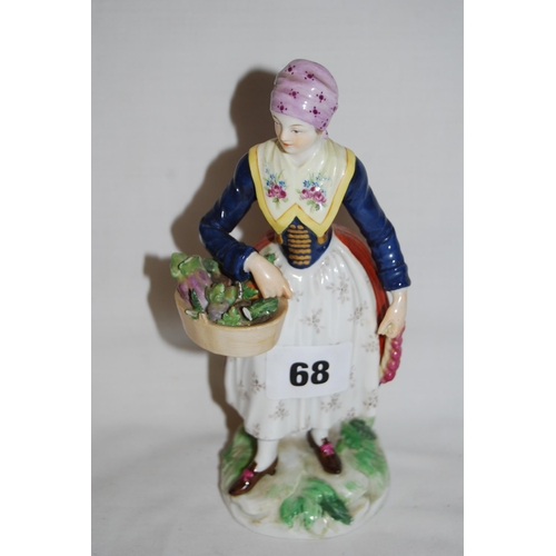 68 - 19TH CENTURY MEISSEN PORCELAIN FIGURE OF LADY CARRYING A BASKET (NO HANDLE TO BASKET) (16cm)