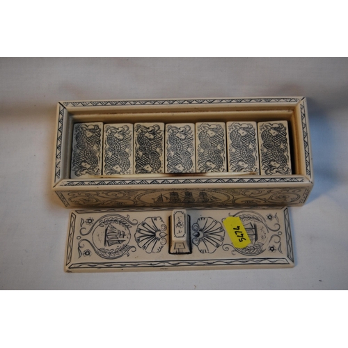 69 - MODERN SET OF DOMINOES IN SCRIMSHAW STYLE DECORATIVE CASE