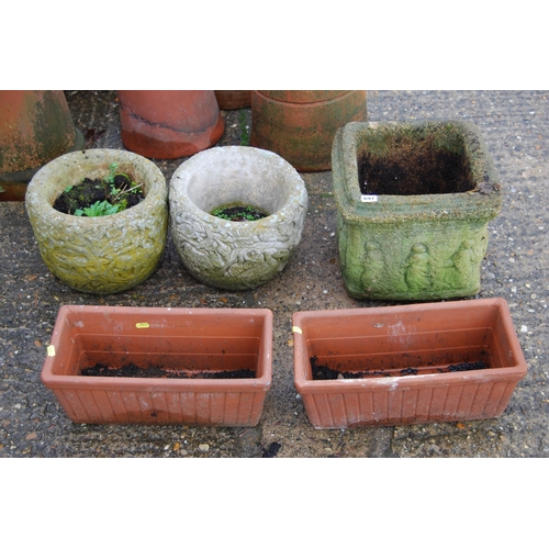 697 - PAIR OF TERRACOTTA TROUGHS, PAIR OF PLANTERS & SQUARE PLANTER