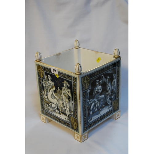 79 - 19TH CENTURY MINTON SQUARE CHINA JARDINIERE WITH PANELS DEPICTING SCOTISH CHARACTERS, WITH PINEAPPLE... 