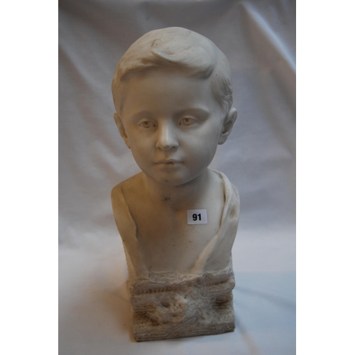 91 - CARVED WHITE MARBLE BUST OF BOY (46cm)