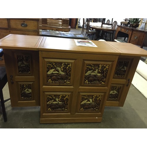 547 - RETRO ROYAL THAI-HANDICRAFT CENTRE TEAK BAR HEAVILY CARVED WITH ELEPHANTS AT WORK FITTED 2 DRAWERS, ... 