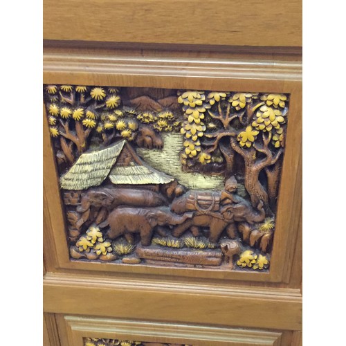 547 - RETRO ROYAL THAI-HANDICRAFT CENTRE TEAK BAR HEAVILY CARVED WITH ELEPHANTS AT WORK FITTED 2 DRAWERS, ... 