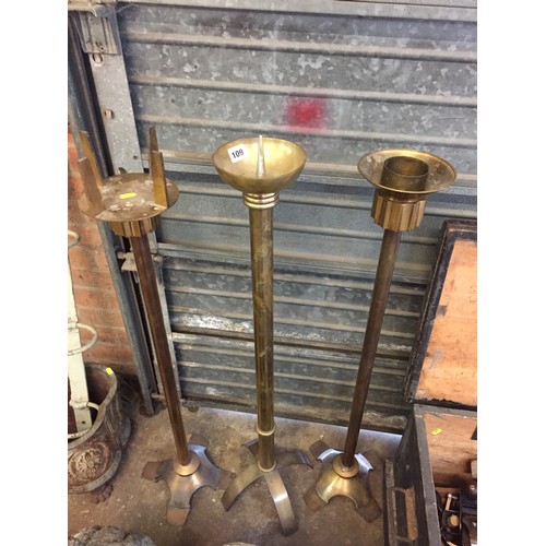 109 - 3 FRENCH FLOOR STANDING BRASS PRICKET CANDLESTICKS