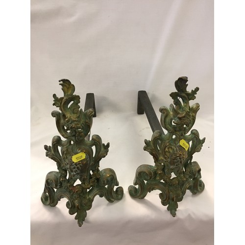 110 - PAIR OF 19TH CENTURY ROCOCO STYLE BRASS & IRON FIRE DOGS