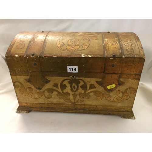 114 - 19TH CENTURY FRENCH PAINTED DOME TOP CASKET WITH METAL HANDLES ON BRACKET FEET