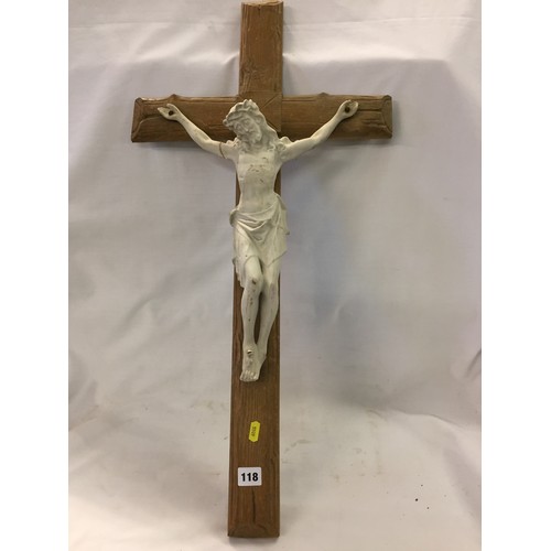 118 - CRUCIFIX WITH PLASTER FIGURE OF CHRIST ON OAK CROSS (ARM REPAIRED) 40CM X 80CM