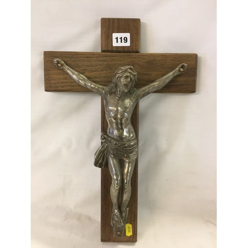 119 - CRUCIFIX WITH SILVER PLATED FIGURE OF CHRIST ON OAK CROSS 28CM X 43CM