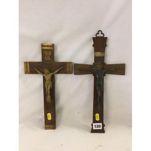 120 - 2 CRUCIFIXES WITH METAL FIGURES OF CHRIST ON OAK CROSSES 17CM X 32CM AND 16CM X 30CM