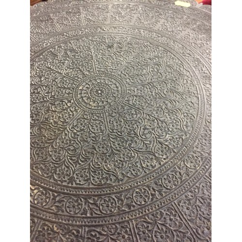 577 - 19TH CENTURY INDIAN CIRCULAR RICHLY CARVED FOLDING TABLE ON TURNED & CARVED SUPPORTS, GALLERIED STRE... 