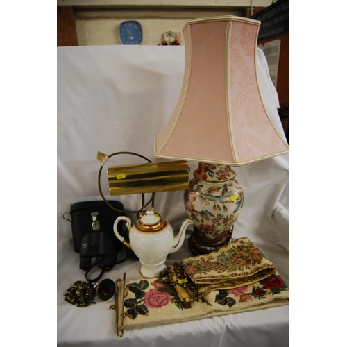 134 - BRASS STUDENTS LAMP, PAIR OF CHINON BINOCULARS, 2 TAPESTRY BELL PULLS, CHINA TABLE LAMP, COFFEE POT