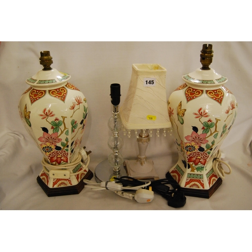 145 - PAIR OF DECORATIVE CHINA TABLE LAMPS & 2 OTHERS