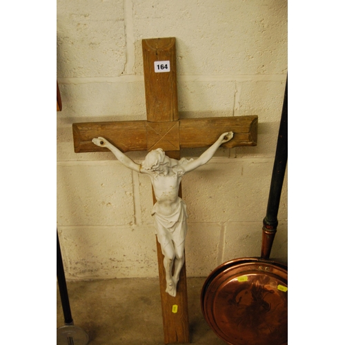 164 - PLASTER FIGURE OF CHRIST ON AN OAK CROSS (A/F)