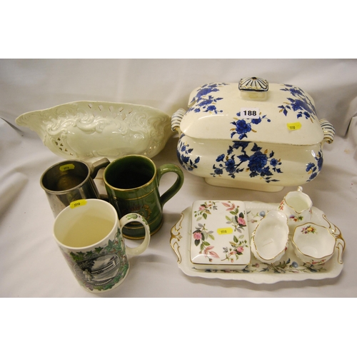 188 - LARGE STAFFORDSHIRE BLUE & WHITE TUREEN, 3 VARIOUS TANKARDS, WEDGWOOD & COALPORT BOX, JUG ETC