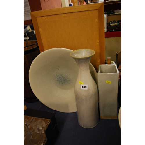 189 - 2 GREY STUDIO POTTERY VASES & LARGE DISH