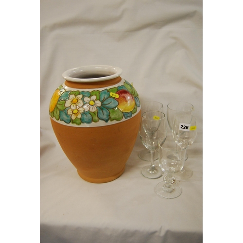 226 - 5 VARIOUS GLASS WINES & LARGE EARTHENWARE POT WITH FRUIT PATTERN DECORATION