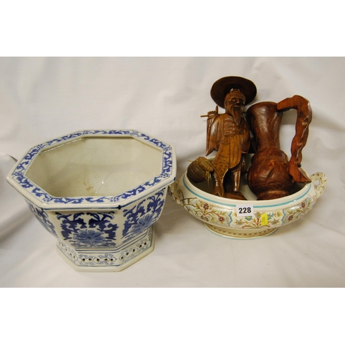 228 - EDWARDIAN 2 HANDLED OVAL TUREEN, OCTAGONAL BLUE & WHITE JARDINIERE, CARVED WOOD CHINESE FIGURE & JUG