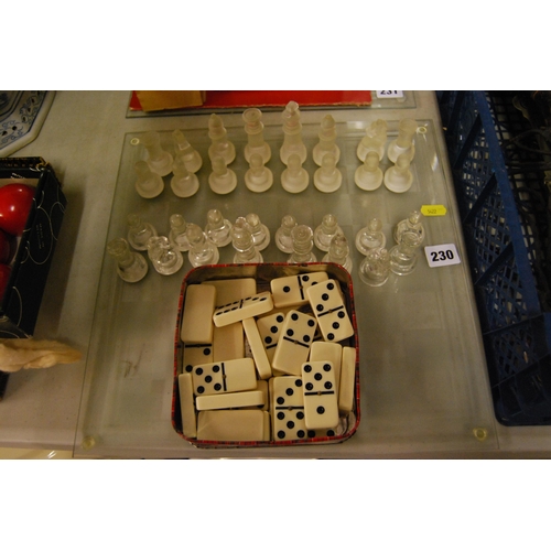 230 - GLASS CHESS SET & SET OF DOMINOES