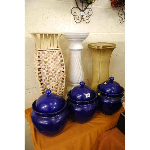 36 - 3 BLUE CHINA POTS, 2 JARDINIERE STANDS & STICK STAND