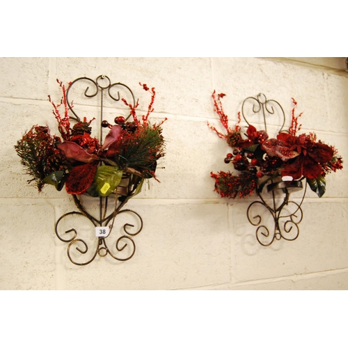 38 - PAIR OF WIREWORK WALL BRACKETS WITH FLOWER ARRANGEMENTS