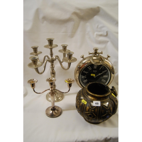 49 - METAL CANDELABRA, POCKET WATCH MANTLE CLOCK & VASE