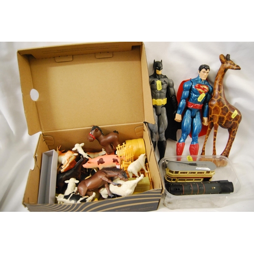 52 - MATTEL BATMAN & SUPERMAN FIGURES, FARMYARD ANIMALS, MAINLINE TRAIN (A/F), CORGI TRAM