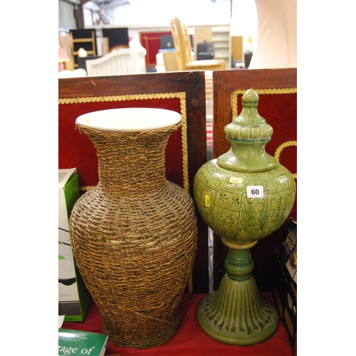 60 - GREEN GLAZED VASE ON PEDESTAL & STRING COVERED VASE