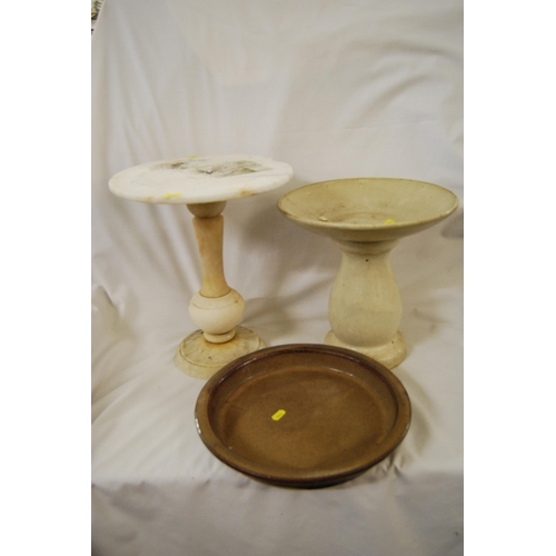 65 - CIRCULAR ALABASTA WINE TABLE (CHIP ON RIM), STONEWARE BOWL ON PEDESTAL & EARTHENWARE BOWL