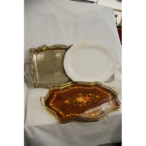 75 - 2 HANDLED METAL TRAY, WHITE CHINA MEAT PLATE & SHAPED GALLERY TRAY