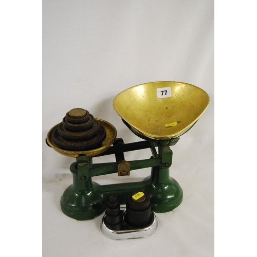 77 - PAINTED CAST IRON SET OF KITCHEN SCALES WITH BRASS PANS & WEIGHTS