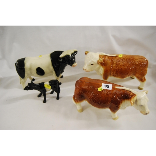 95 - BONE CHINA HEREFORD BULL & COW & BELTED GALLOWAY BULL & CALF