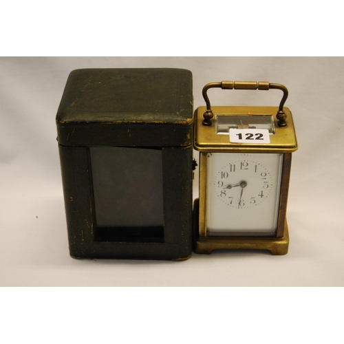 122 - EARLY 19TH CENTURY BRASS CARRIAGE CLOCK WITH BEVELLED GLASS PANELS & LEATHER CASE