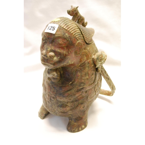 125 - BRONZE ORIENTAL GROTESQUE CENSER WITH CARRYING HANDLE