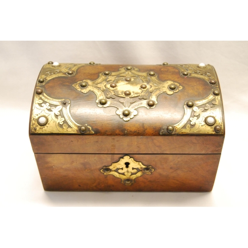 126 - VICTORIAN WALNUT DOME TOP 2 COMPARTMENT TEA CADDY WITH BRASS STRAPWORK DECORATION