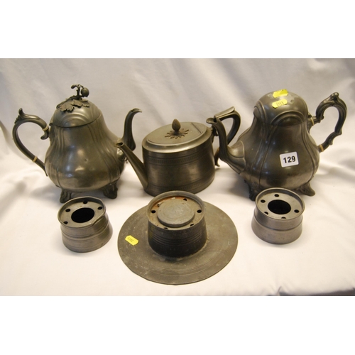 129 - 3 VARIOUS 19TH CENTURY PEWTER TEAPOTS & 3 PEWTER INKWELLS