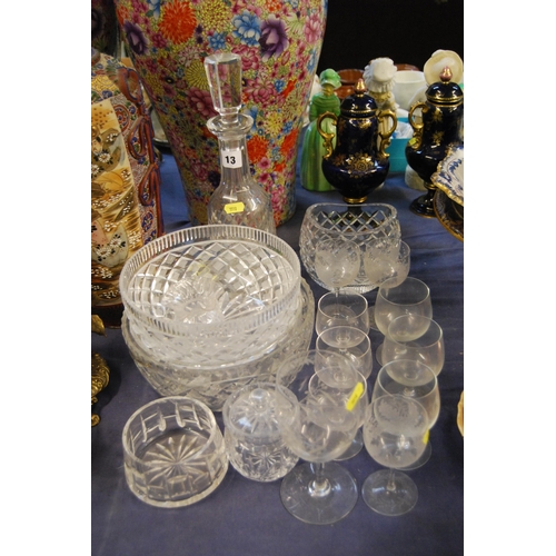 13 - CUT GLASS DECANTER, FRUIT BOWLS, GLASSES, ETC