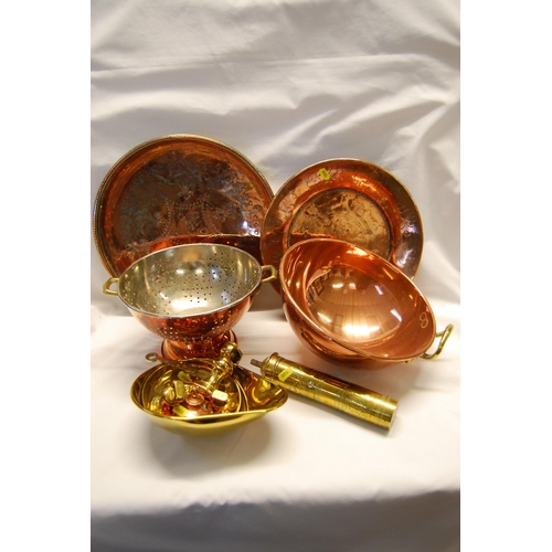 138 - 19TH CENTURY BRASS PEPPER MILL, 2 EASTERN COPPER TRAYS, COPPER COLANDER, COPPER BOW, PLANS & WEIGHTS